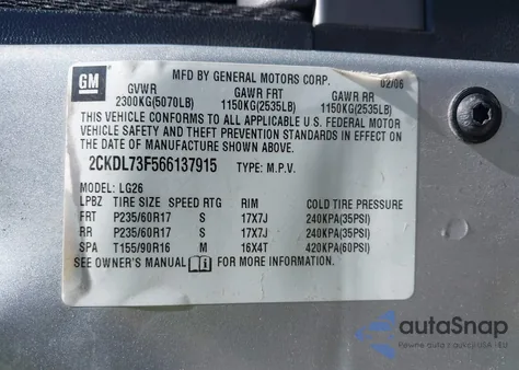 2006 Pontiac Torrent from USA, damaged, VIN 2CKDL73F566137915